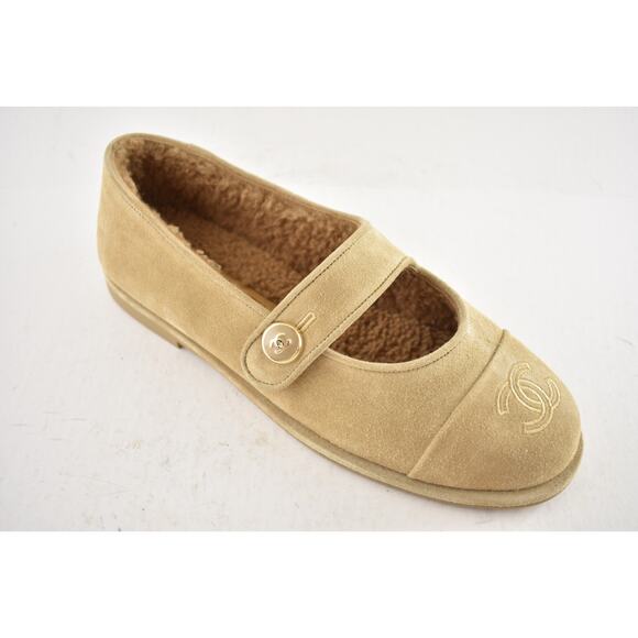 Chanel 25B Beige Suede Shearling Fur Mary Jane Moccasin Ballet Loafer Flat 38.5 - Picture 7 of 16